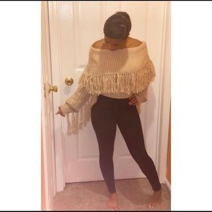 Off shoulder fringe sweater